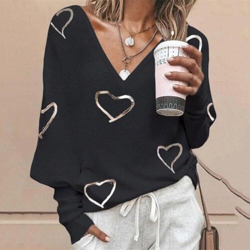 Elegant Heart Bronzing Print V-Neck Women Blouse Autumn Long Sleeve Pullover Ladies Shirts Casual Loose Femme Streetwear Blusa