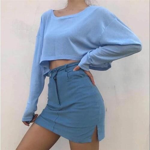 2021 New Woman Retro O-neck Cotton Green Black White Blue Thin Hedging Round Neck Loose Long-sleeved T-shirt Crop Top Women