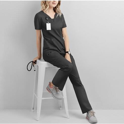 Ladies Nurse Uniform Carer Suit And Set V-neck Solid Color Short-sleeved Pocket Blouses Uniforme Enfermera Mujer Nursing Clothes