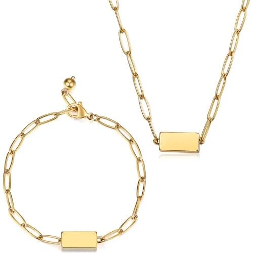 Necklace Bracelet Set for Women 4mm Stainless Steel Cable Paperclip Link Chain Charm Cube Jewelry Sets LDS16