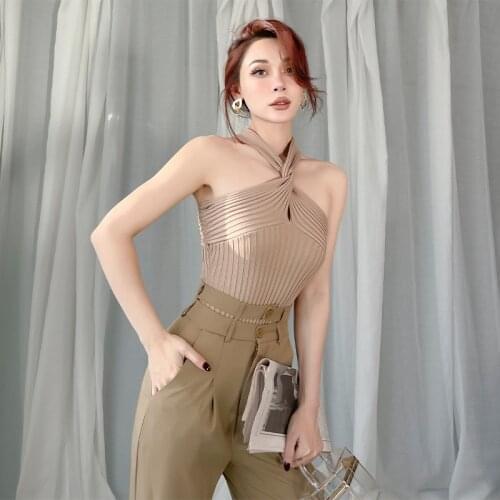 Women Sexy Cross Detail Knit Rib Bodysuit