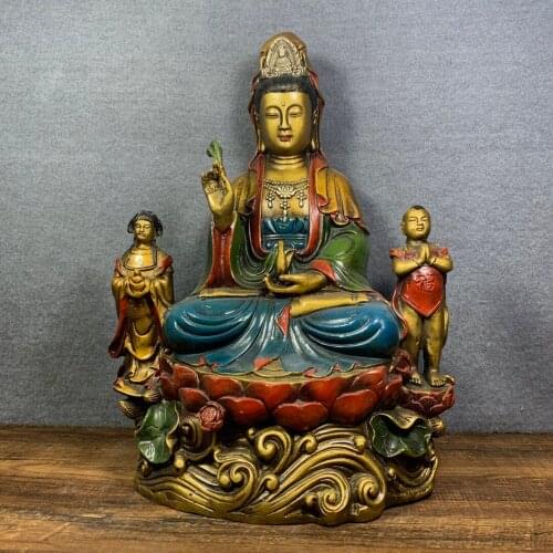 12"Chinese temple collection Old Bronze Gilt Painted Guanyin Bodhisattva Statue of golden boy and jade girl Give off Enshrine
