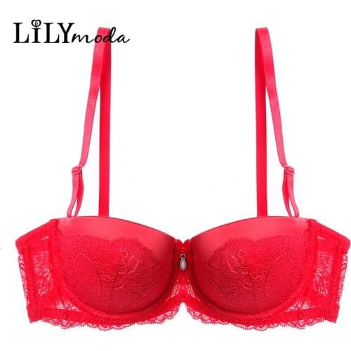 2018 Sexy Women Ladies Lace Strapless Brassiere Half Cup Push Up Pearl Decoration Hot Bra Red Female Lingerie Underwear Soft