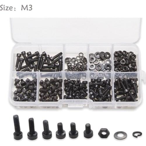 300Pcs M3 Hexagon Screws Hexagon Socket Head Carbon Steel Bolts Nuts Kits Flat Spring Washers Gaskets Hardware Accessories