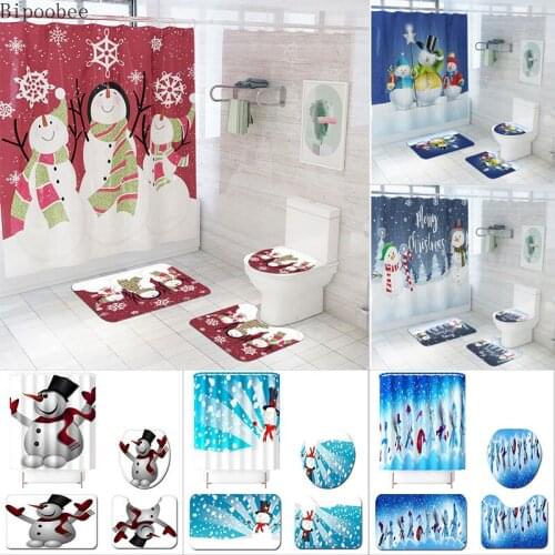 Bipoobee Snowman Brothers Shower Curtains Waterproof Merry Christmas Bathroom Curtain Anti Slip Rug Toilet Cover Bath Mat Set