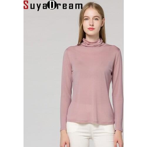 SuyaDream Women Solid T shirts 100%Real Silk Solid Turtleneck Long Sleeved Shirts 2020 Autumn Winter Basic Top
