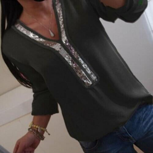 Oversized T-shirt Ladies Long Sleeve Loose Blouse V-Neck Casual Shirts Women Crop Tops Clothing Sequin Solid Casual Soft Clothes