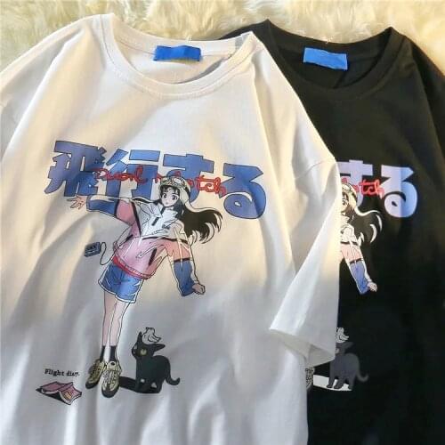 Hip Hop Cartoon Girl Cat Japanese Kanji Print T Shirt Streetwear Harajuku T-Shirt 2021FemaleSummer Short Sleeve Tshirt Tops Tees