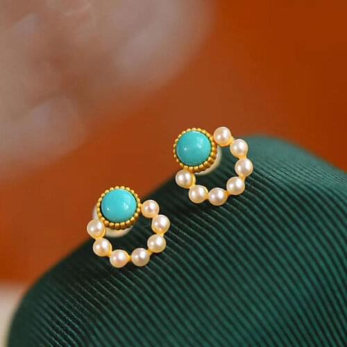 Exquisite Socialite Style Sleeping Beauty Turquoise Stud Earrings Pearl and Circle Earrings S925 Sterling Silver Temperamental S