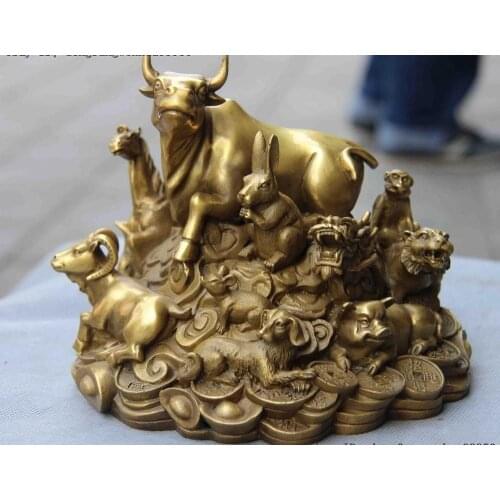China Folk Brass Copper Coin Money Wealth Evil Twelve Zodiac Bull OX Art Statue
