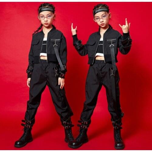 Modern Dance Costume For Girls Jazz Performance Clothing Crop Jacket Pants Black Suit Kids Hip Hop Street Dance Costume BL6312