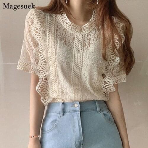 Summer Hollow Lace Crochet Blouse Women Korean Elegant O-neck Short Sleeve Female White Shirt Fashion New Shirt Lace Tops 14354