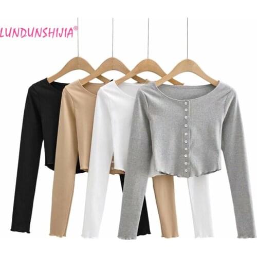 LUNDUNSHIJIA 2021 New Spring Autumn Women Lace Long Sleeve Cardigan Ladies Crop Tops Streetwear Solid T-shirts