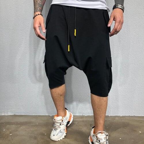 Men Hip Hop Baggy Pants Solid Harem Loose Punk Pants Drop Crotch Calf-length Pants F2