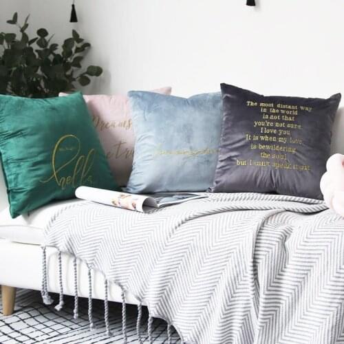 Home Decor Embroidered Solid Cushion Cover Grey Blue Pink English Letter Cotton Square Velvet Embroidery Pillow Cover 45x45cm
