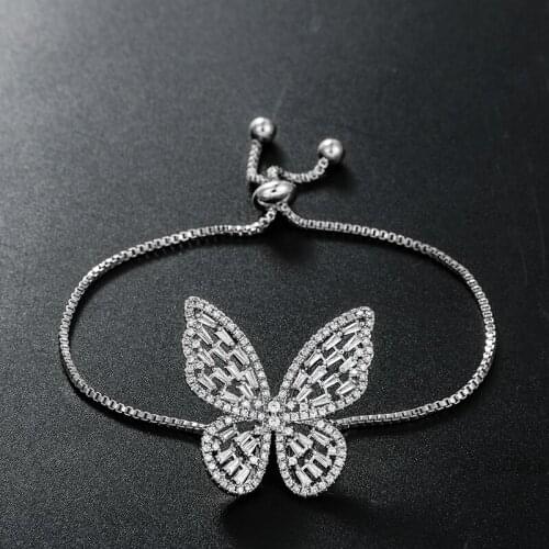 New Arrival Shiny Butterfly Cubic Zirconia CZ Crystal Adjustable Bracelet for Women or Wedding in White Gold or 14K Gold