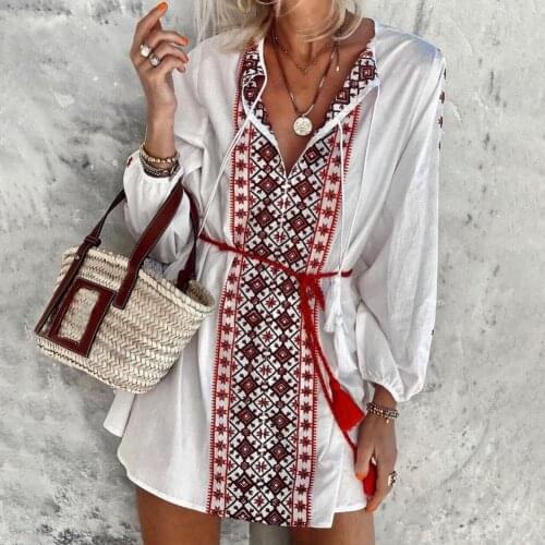 Women Summer Dress Ethnic Style Loose 3/4 Sleeve V-neck Print Mini Dress Streetwear Outdoor robe femme платье летнее женское