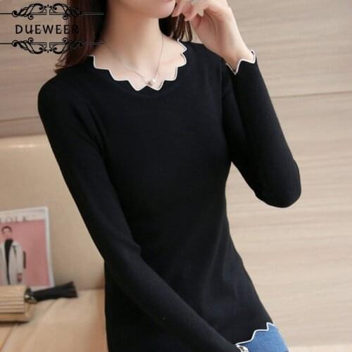 Womens Pullovers Sweaters Women Ruffled Collar Slim Stretch Sweater Pullover Ladies Solid Elegant Lady Simple Soft Korean Style