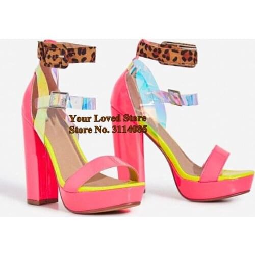 Women Hot Pink Clear PVC Strap Platform Sandals Sky High Chunky Heels Wedding Shoes Nightclub Sandal Shoes Mixed Color Pumps
