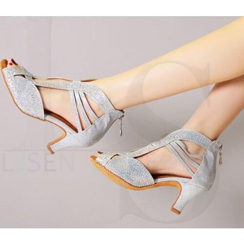Temptations Silver Rhinestones Ballroom Latin Tango Dance Shoes Soft Sole High Heels for Women Stable Latin dance shoes L417