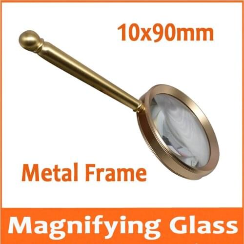 10X 90mm Lens Gift Toy Metal Golden Household Handheld Office Reading Magnifier Magnifying Glass Loupe with Handle for Old Man