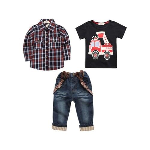 2021 European and American spring and autumn childrens gentleman Plaid trousers suit boys' T-shirt Plaid jeans three piece set
