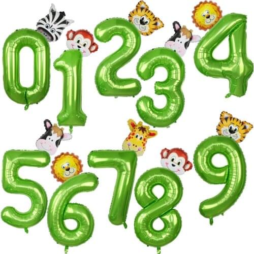 40inch green number jungle animal party cartoon Lion tiger giraffe monkey air helium balls balloons 1 2 years old birthday decor