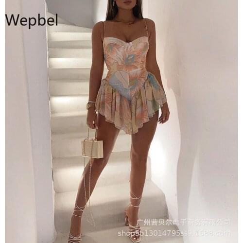 Wepbel Irregular Mini Dress Sleeveless Sexy Dress Women Club Wear Floral Print Ruffled Bodycon Spaghetti-Strap Dress
