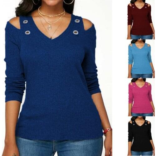 Summer T Shirt Fall 2021 New v-neck off-the-shoulder long-sleeved T-shirt Leisure Female Tee Tshirts Dropshipping CHD3086