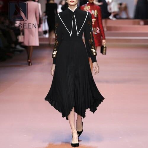 AELESEEN Runway Fashion Irregular Women Dress Designer Spring Summer Lantern Sleeve Sequined Pleated Long Dress