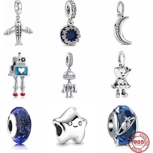 Robot Girl Moon Stars Plane Pendant Blue Glass Bead Fit 925 Silver Pandora Original Bracelet Charms Beads For Women DIY Jewelry