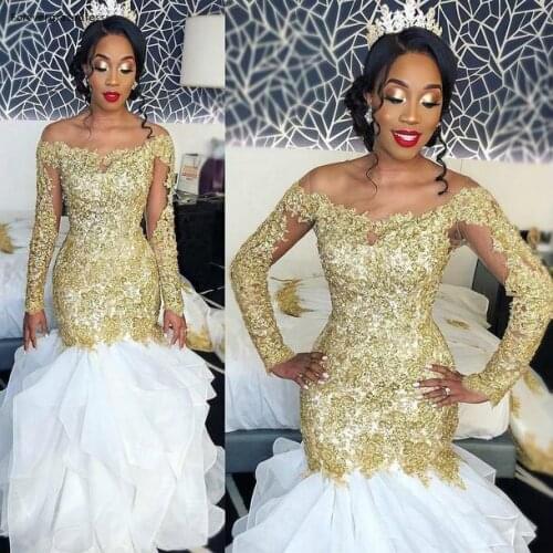 Cheap African Arabic Long Sleeves Wedding Dresses cascading ruffles scoop Mermaid Gold Lace Garden Country Church Bride Bridal
