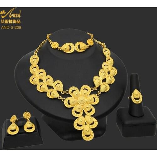 Nigerian Gold Jewelry Sets African Wedding 24K Gold Plated Necklace Earrings Bracelet Ring Sets For Ethiopian Indian Bridal