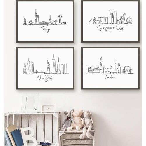 London Singapore Tokyo Skyline Modern Print Wall Picture Minimalist Landmark Poster Cityscape Canvas Painting Livingroom Decor