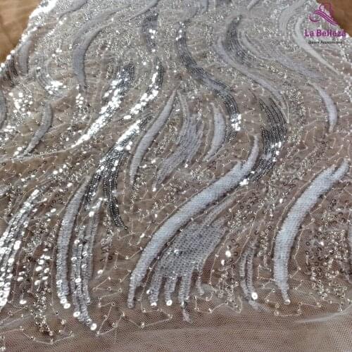 La Belleza 2021 fashion bridal lace,Line patterns lace fabric,silver beading wedding dress lace fabric 51'' width 1 yard