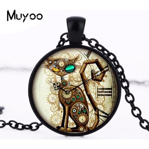 2017 new hotSteampunk Cat Pendant Steampunk Clock Necklace Round Photo Pendant Steampunk Jewelry HZ1