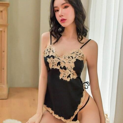 New Product Sexy Lingerie Halter Strap Nightdress Water Soluble Flower Short Skirt Bellyband Temptation Ice Silk Home Service