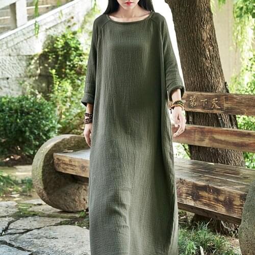 Oversize Female long robe retro cotton linen gown beautiful women long sleeved dress vintage loose Jurk breathable clothes