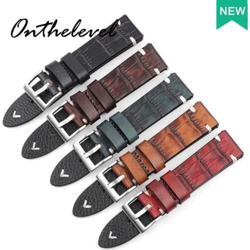 Genuine Leather Watch Strap 18mm 20mm 22mm 24mm High Quality Handmade Stitching Vintage Alligator Watchband Replacement for Men