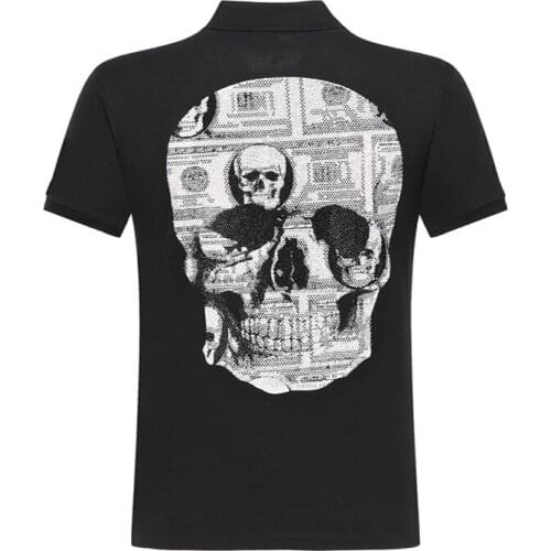 Men Polo Shirt Men Short Sleeve High Quality Cotton Street Casual Tops 3D Rhinestone Skull Print Plein Polo Shirt Sportswear
