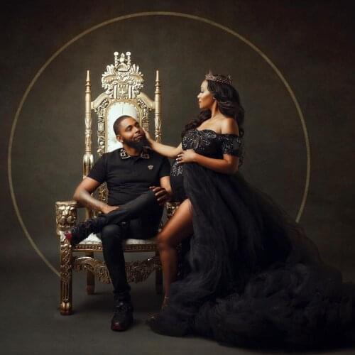 Sexy Two Pieces Black Maternity Gowns For Photo Shoot Short Sleeves Extra Puffy Tulle Skirts Lace Sequins Pregnancy Dress