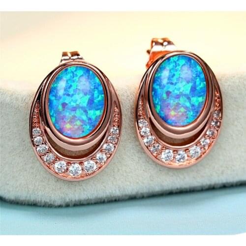 Classic Female White Opal Stone Earrings Charm rose gold color Stud Earrings For Women Trendy Bridal Oval Wedding Earrings
