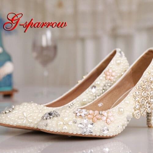 Graduation Ceremony Women Kitten Heel Ivory Pearl Wedding Shoes Luxury Colorful Crystal Shoes Rhinestone Pumps Party Prom Shoes