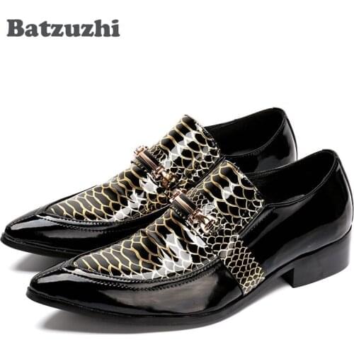 Batzuzhi Italian Style Men Shoes Pointed Toe Black Patent Leather Dress Shoes Men Gold Snake Pattern Wedding Man Shoes, 38-46