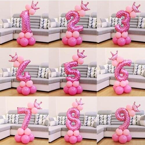 1set Blue Pink Foil Number Balloon Air Ballons Air Baloons Crown Anniversary Baby Shower Kids Happy Birthday Balloon Boy Girl