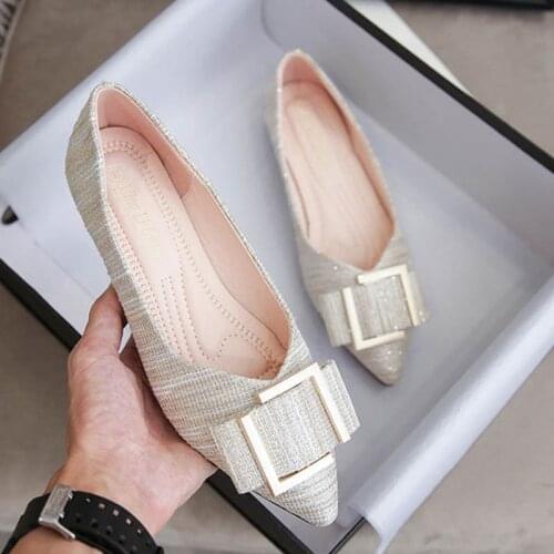 2020 Gold/Silver bling woman flats cozy office loafers women shoes ballerina metal buckle pointed toe moccasins large size 34-43