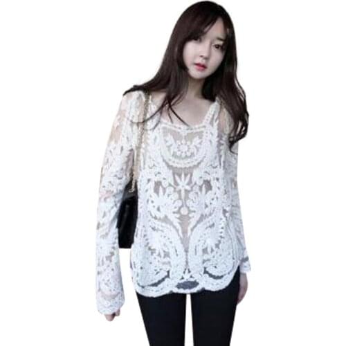 Womens Semi Sheer Sleeve Embroidery Top Tshirt Plus Size Sexy Lace Floral Crochet Shirt Freeshipping