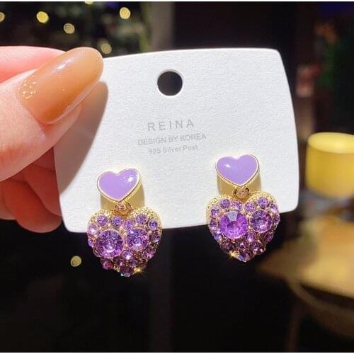 Korean Style Purple Crystal Heart Star Earrings for Women Fashion Rhinestone Love Heart Stud Earrings 2020 New Party Jewelry