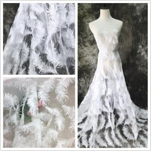 White Feather Lace 2021 New Unique Design Leaves Embroidery French Nigerian Lace Fabric High Quality Tulle African Evening Dress