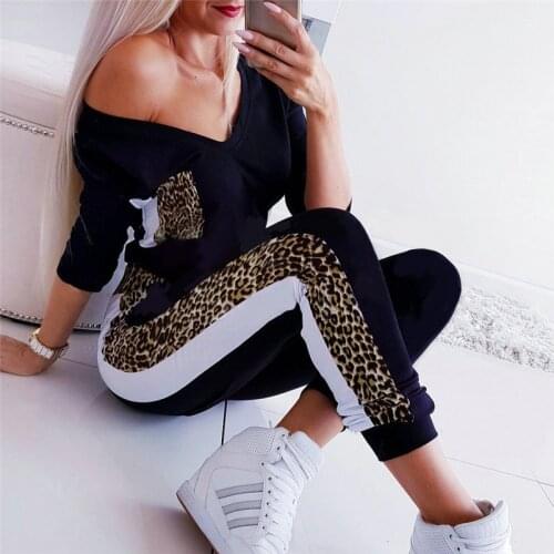 Women Leopard Print Tracksuits Outdoor Keep Warm Running Suits Jogging Yoga Sets Sexy V Neck Sports Fitness Long Jumpsuits Xl